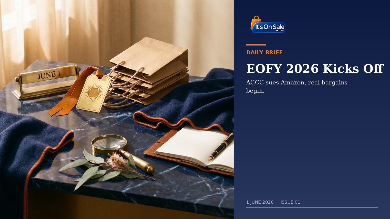 Editorial hero: marble desk flat-lay with brass JUNE 1 calendar, kraft bags, navy throw