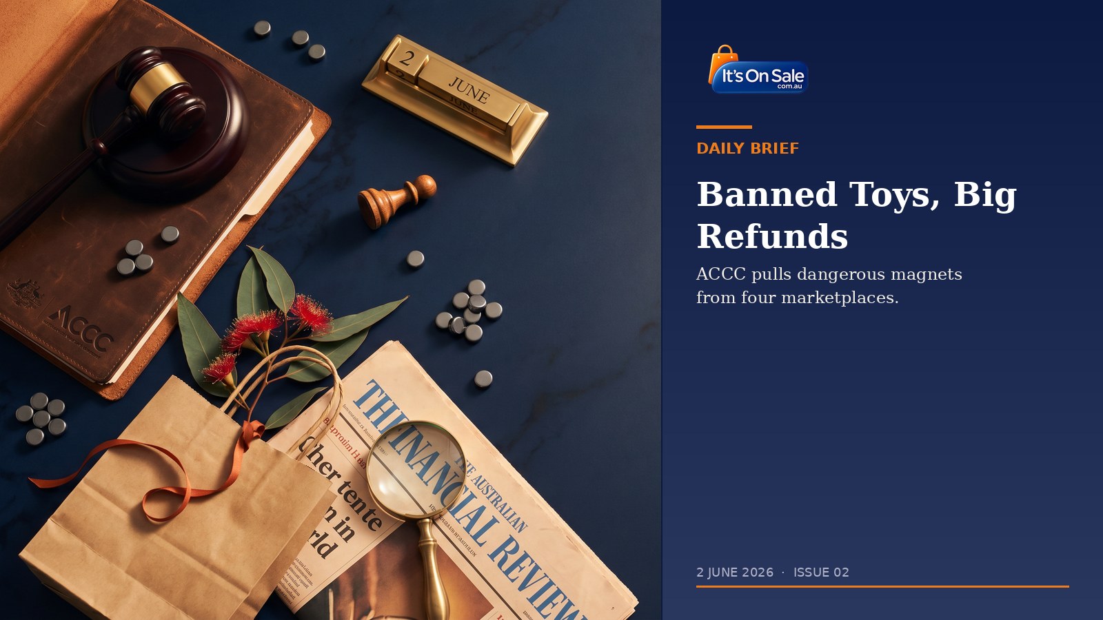 Editorial flat-lay: gavel and ACCC dossier with scattered magnetic beads, chess pawn, brass calendar reading 2 June, Financial Review and kraft shopping bag with orange ribbon on navy marble — Daily Brief Issue 02 cover