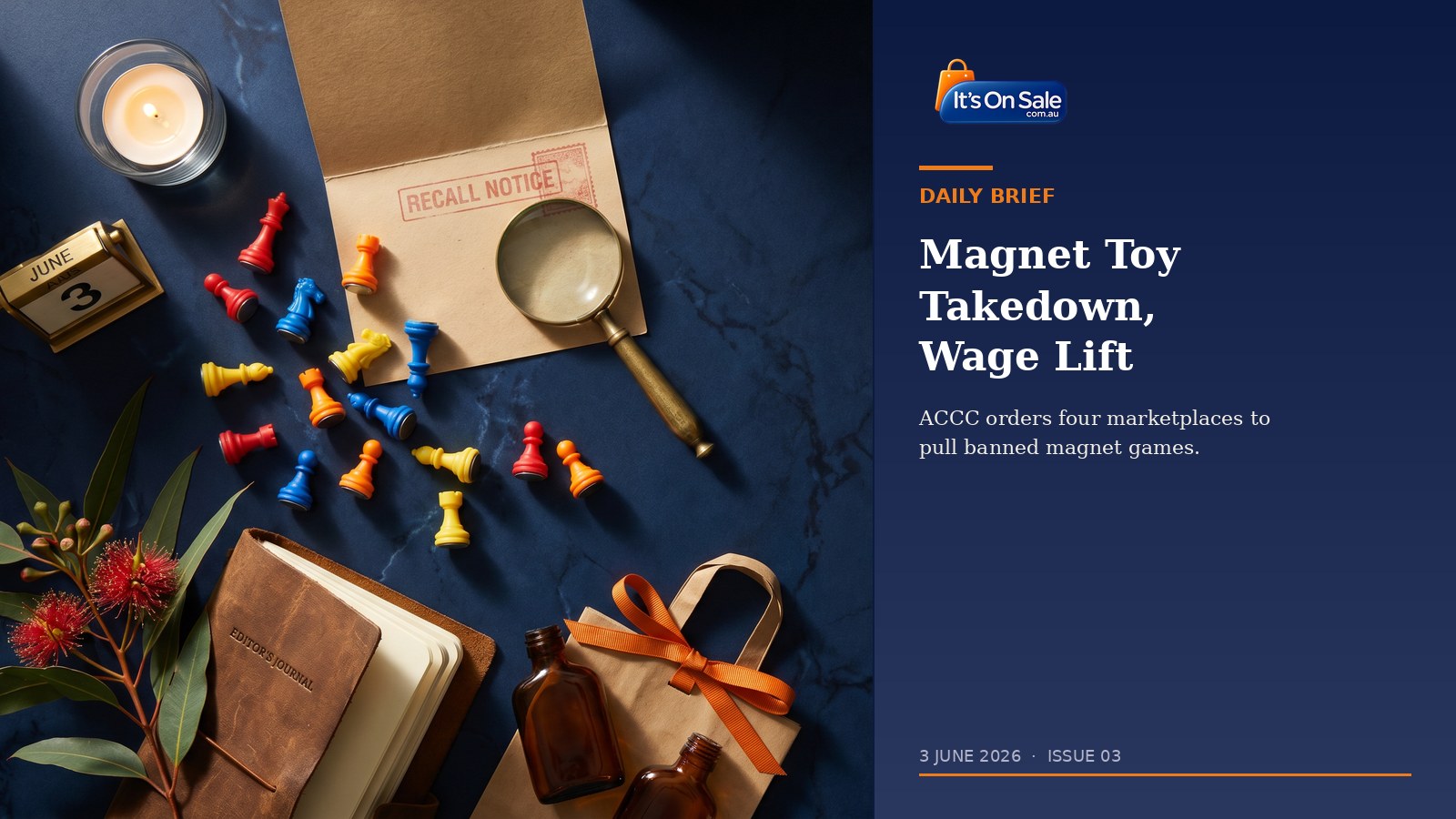 It's On Sale Daily Brief Issue 03 hero, 3 June 2026: editorial flat-lay with recall notice and chess pieces representing ACCC magnet toy takedown