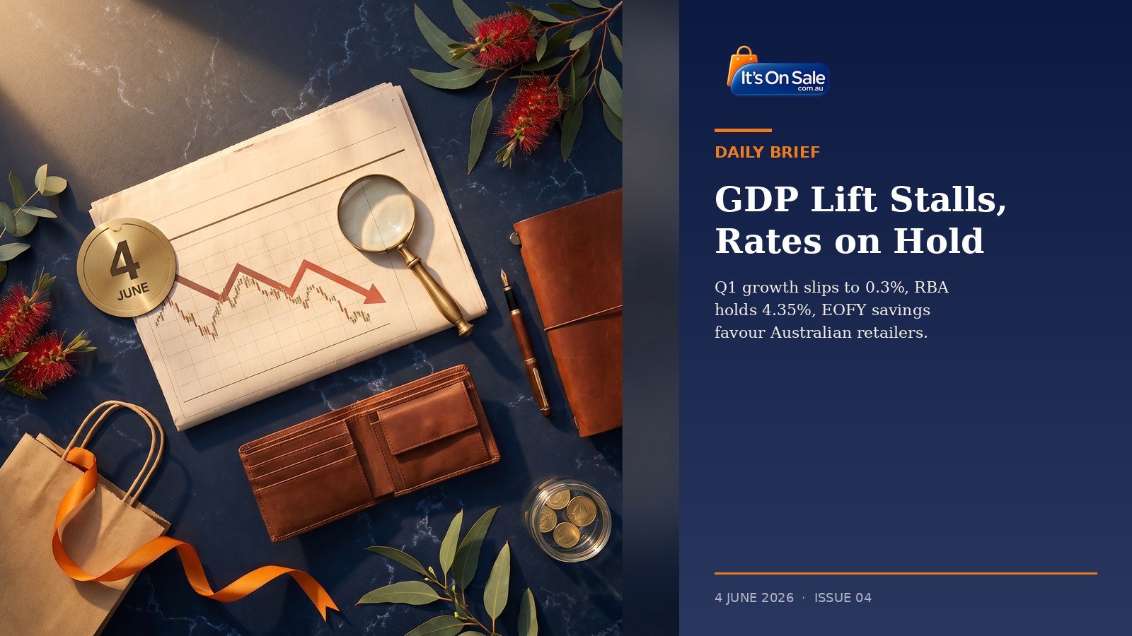 Editorial flat-lay with downward stock chart, brass 4 JUNE calendar marker, leather wallet, kraft shopping bag with orange ribbon, eucalyptus and bottlebrush on navy marble