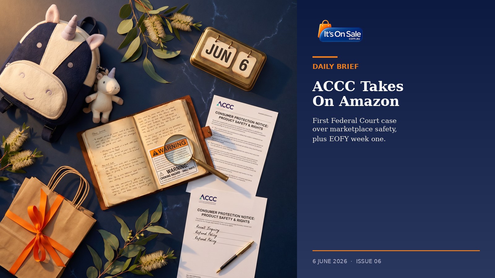 Daily Brief Issue 06 editorial hero: navy and orange It's On Sale branded card with ACCC v Amazon lead headline beside a flat-lay of a child's unicorn backpack, calendar marker for June 6, and consumer protection notice