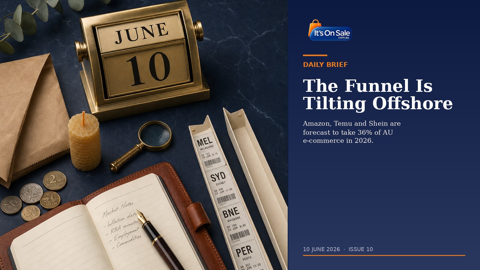 Editorial flat-lay hero with brass perpetual calendar marker showing June 10, leather notebook, freight labels and counter-funnel imagery