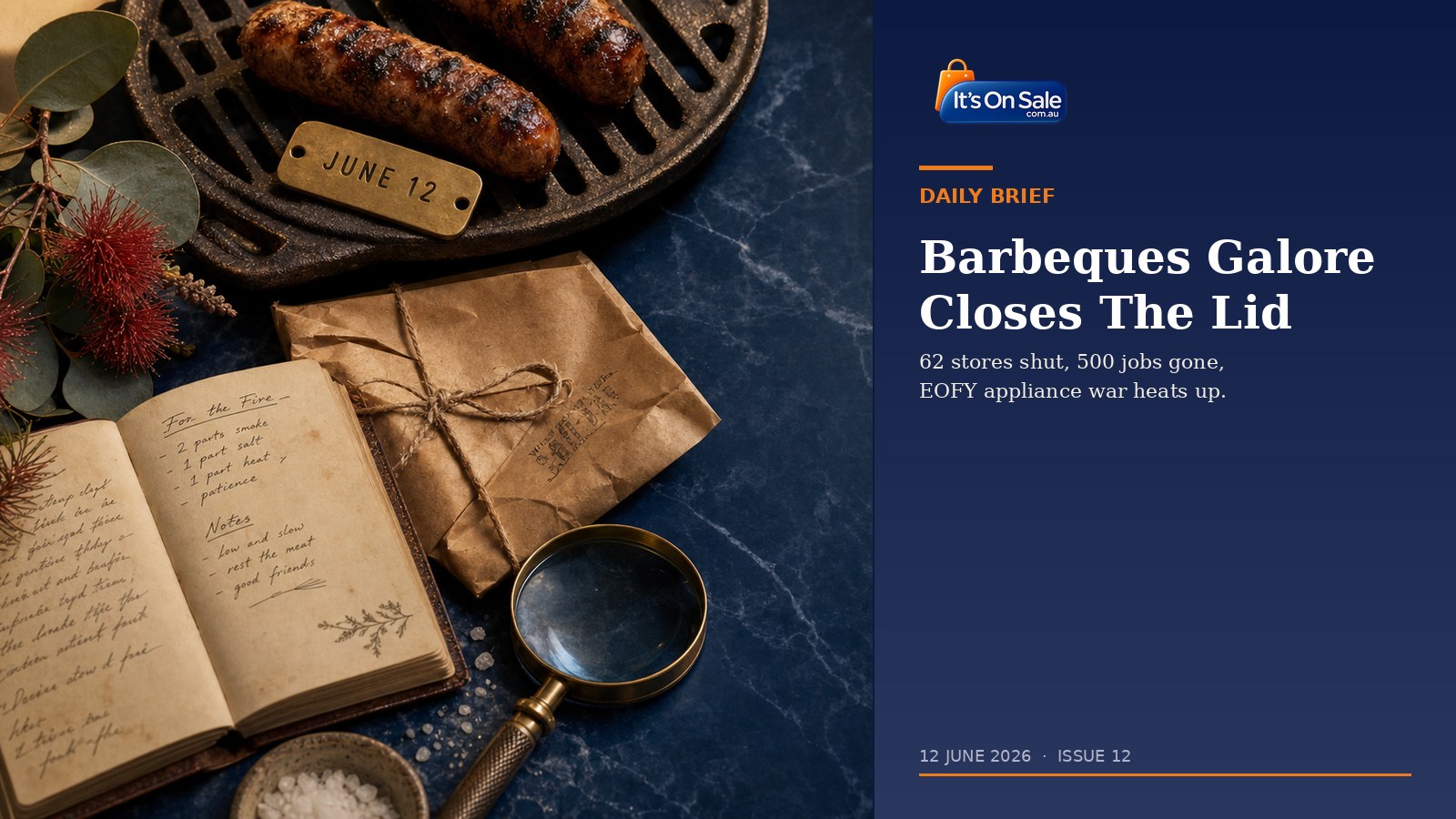 Editorial flat-lay with vintage BBQ grill, sausages, brass JUNE 12 calendar tag, leather notebook, eucalyptus and bottle-brush on navy marble