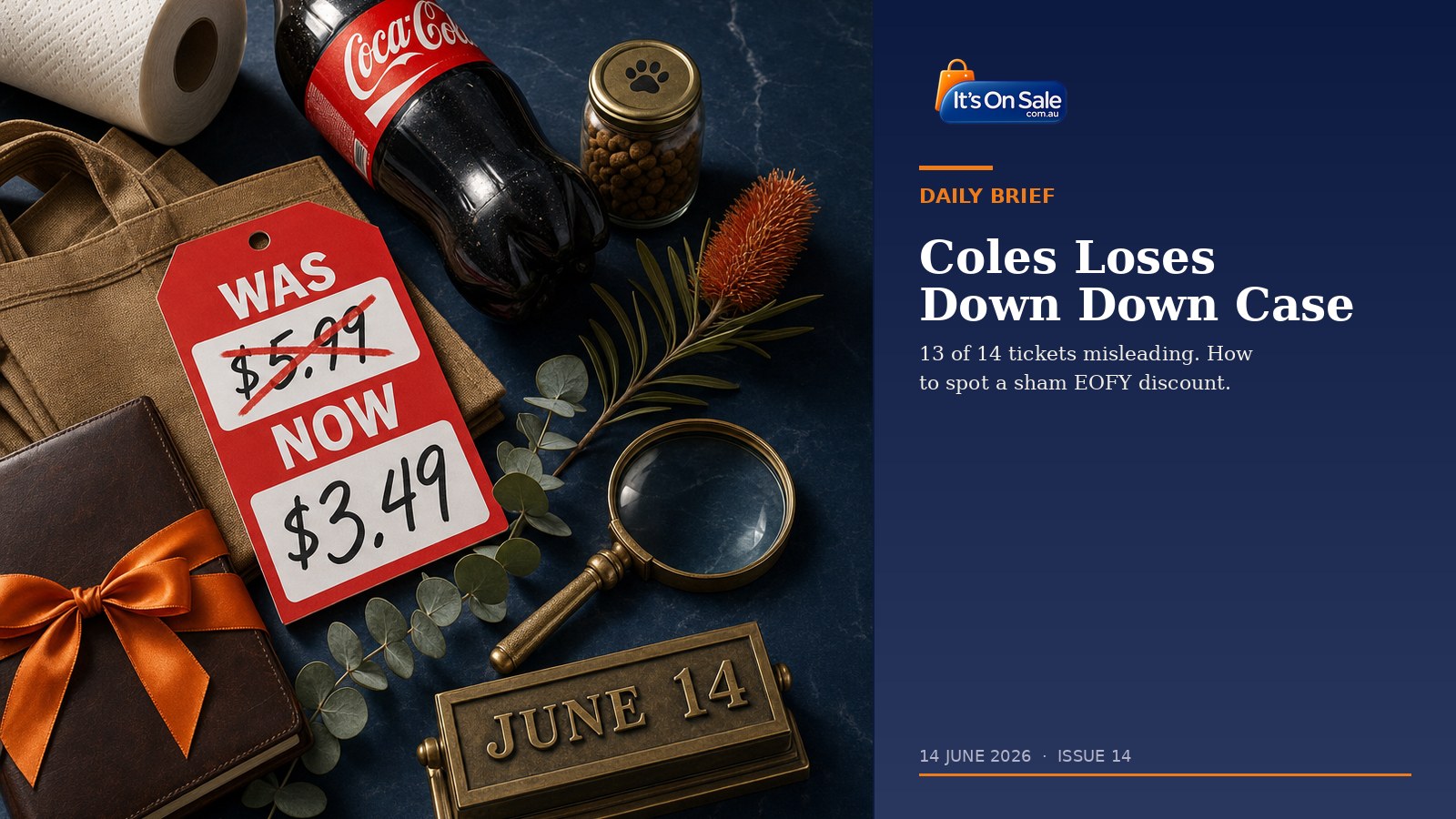 Editorial hero: red WAS/NOW price tag with WAS price struck out, vintage brass magnifying glass and brass JUNE 14 calendar marker on navy marble