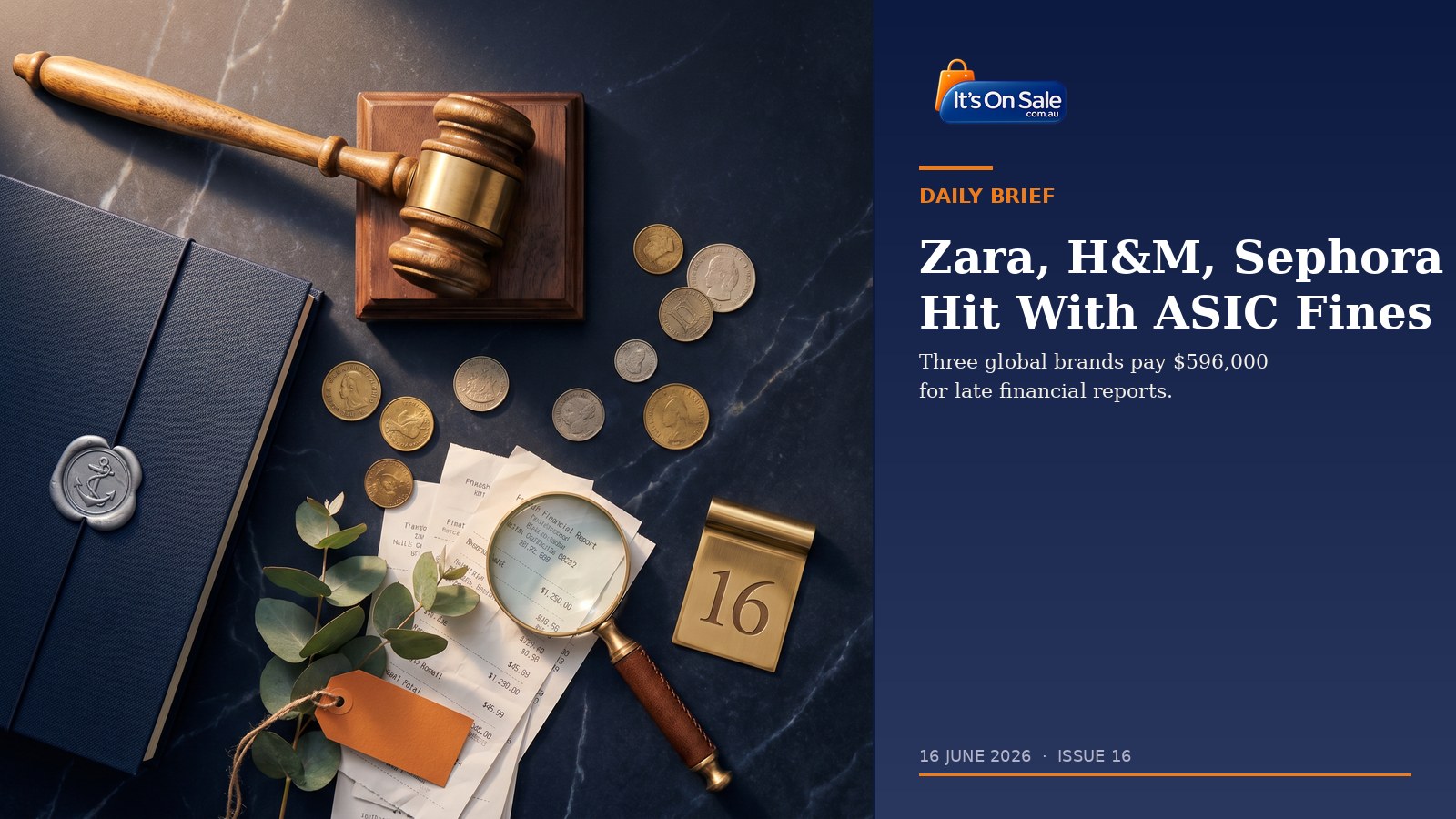Editorial flat-lay with brass JUNE 16 marker, gavel, financial report, antique coins, magnifying glass on navy marble
