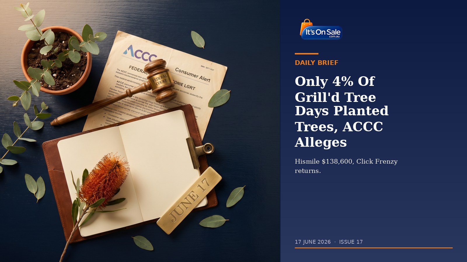 Editorial flat-lay with brass JUNE 17 marker, gavel, ACCC Federal Court consumer alert, eucalyptus, bottlebrush flower on navy lacquered surface