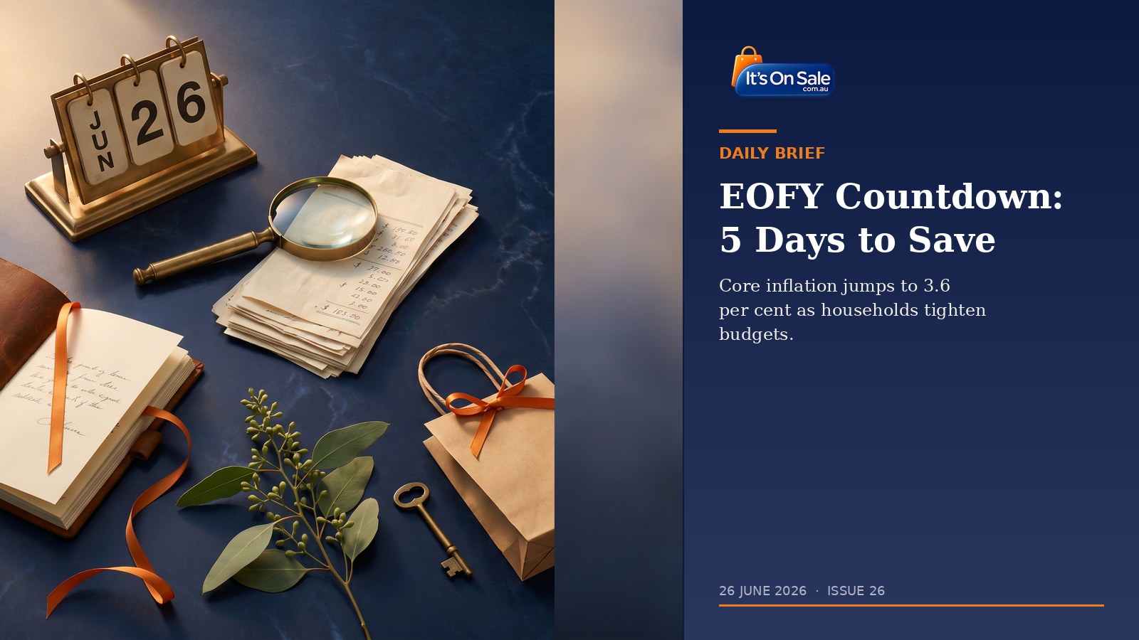 Editorial flat-lay with brass calendar showing JUN 26, magnifying glass over receipts, eucalyptus and kraft shopping bag with orange ribbon