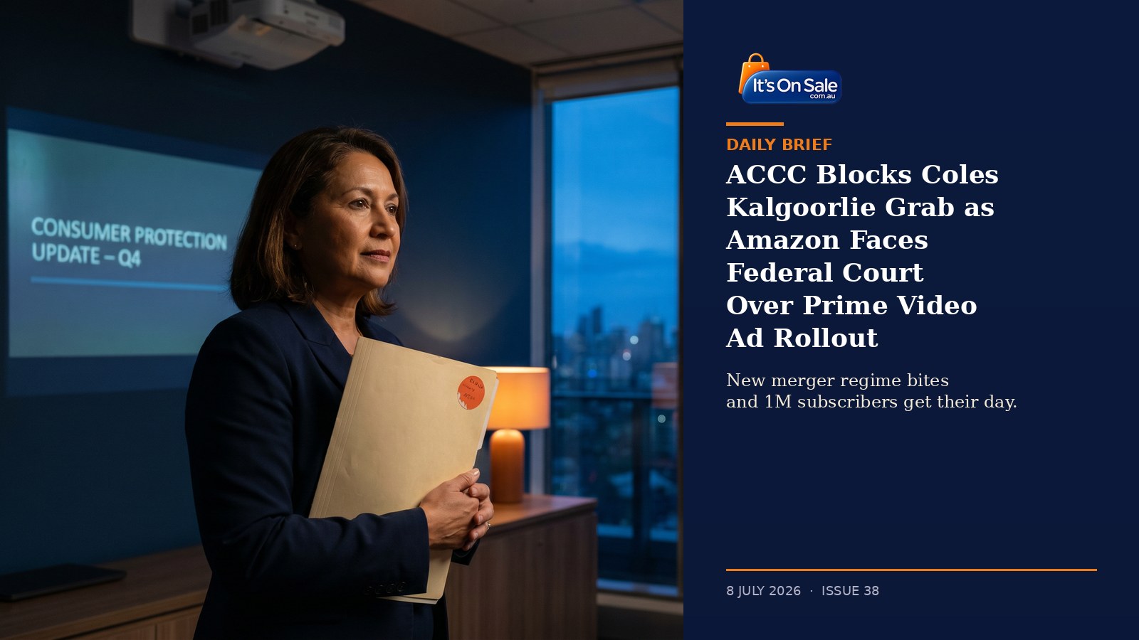 Daily Brief Issue 38 header showing ACCC watchdog blocking Coles Kalgoorlie acquisition and Amazon Federal Court action.