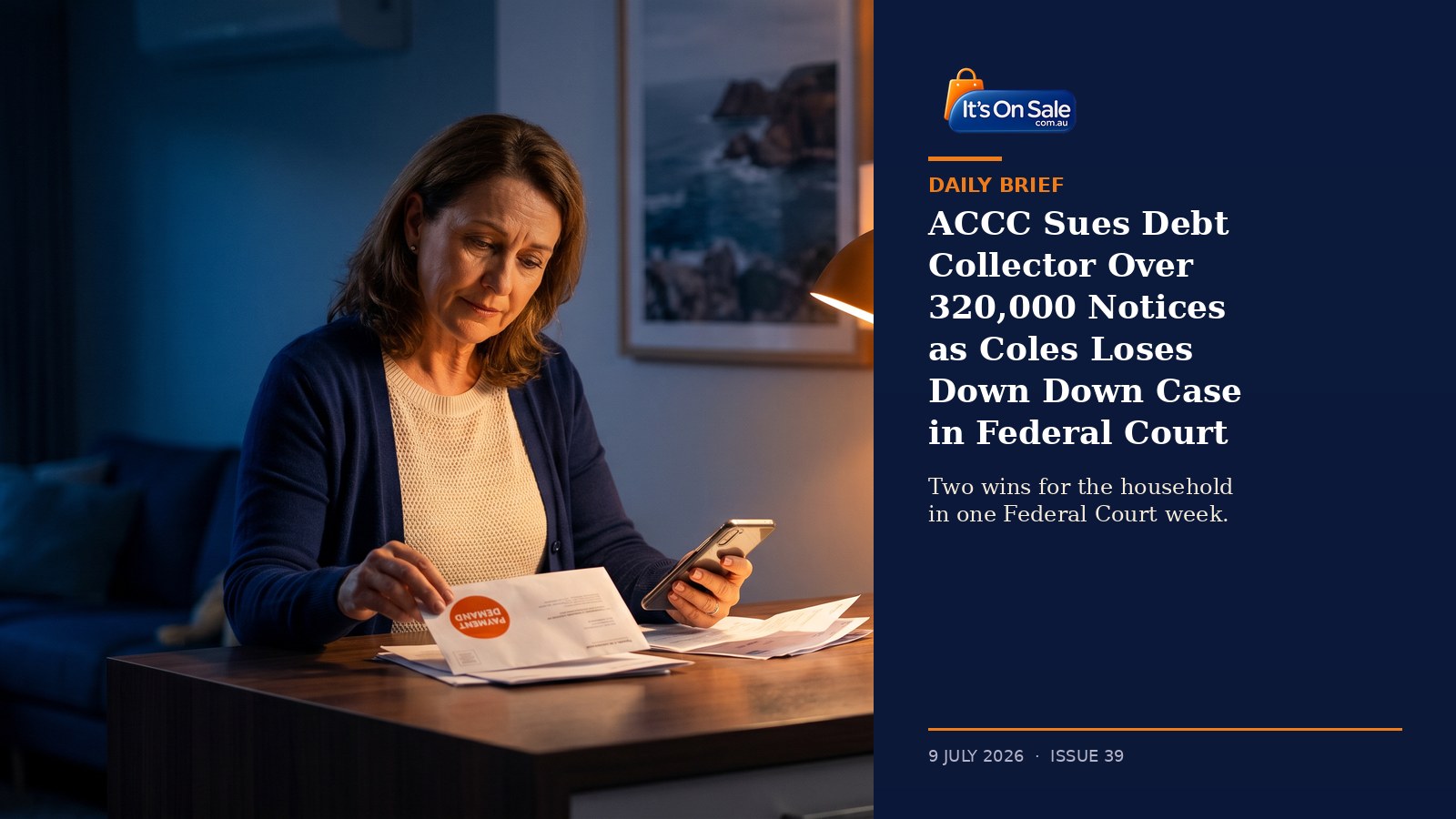 Daily Brief Issue 39 header: ACCC sues debt collector ARMA over 320,000 misleading notices, Coles loses Down Down case in Federal Court.