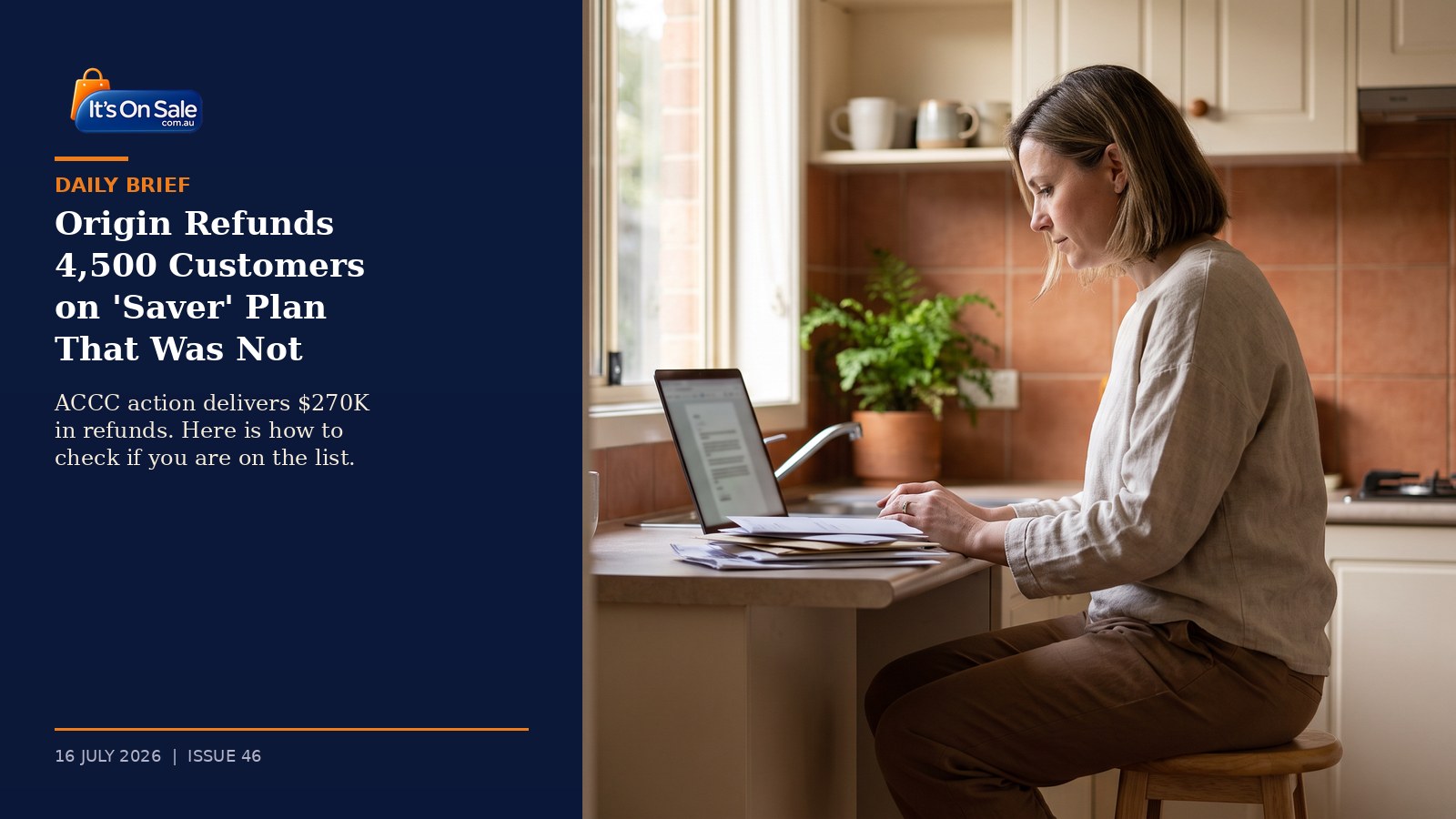 Editorial hero, Australian household reviewing electricity bill on laptop as ACCC forces Origin Energy to refund 4,500 customers on misleading 'Ongoing Saver' plan