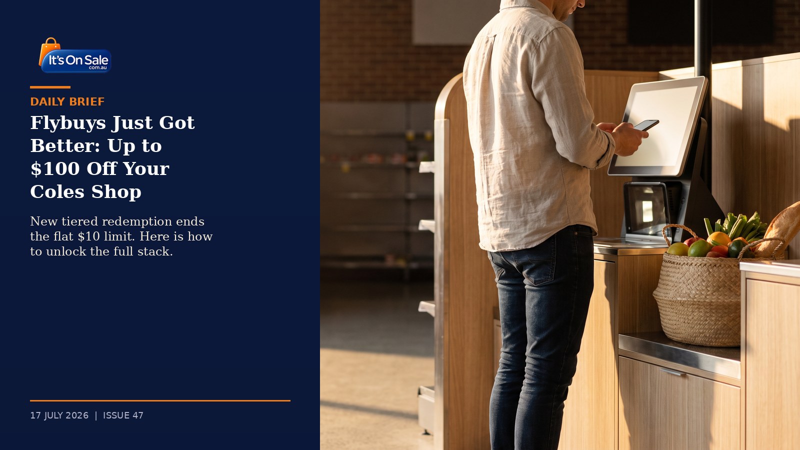 Editorial hero, Australian shopper scanning Flybuys loyalty card at a Coles self service checkout as new tiered pay with points redemption launches