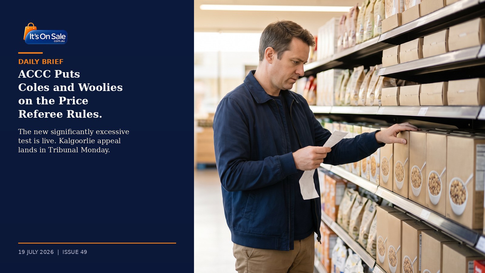 Editorial hero, Australian shopper checking a paper receipt against grocery shelf prices in a bright modern supermarket aisle, illustrating the new ACCC significantly excessive pricing rules coming into force for Coles and Woolworths
