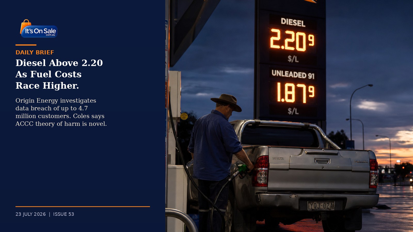 Editorial hero, an Australian service station at dusk with an illuminated fuel price sign showing diesel at 2 dollars 20 point 9 a litre and unleaded 91 at 1 dollar 87 point 9 a litre, and a silver Toyota dual cab ute being refuelled by a tradesman in a blue work shirt and hat on wet bitumen, illustrating another sharp weekly rise in Australian fuel prices for Daily Brief Issue 53
