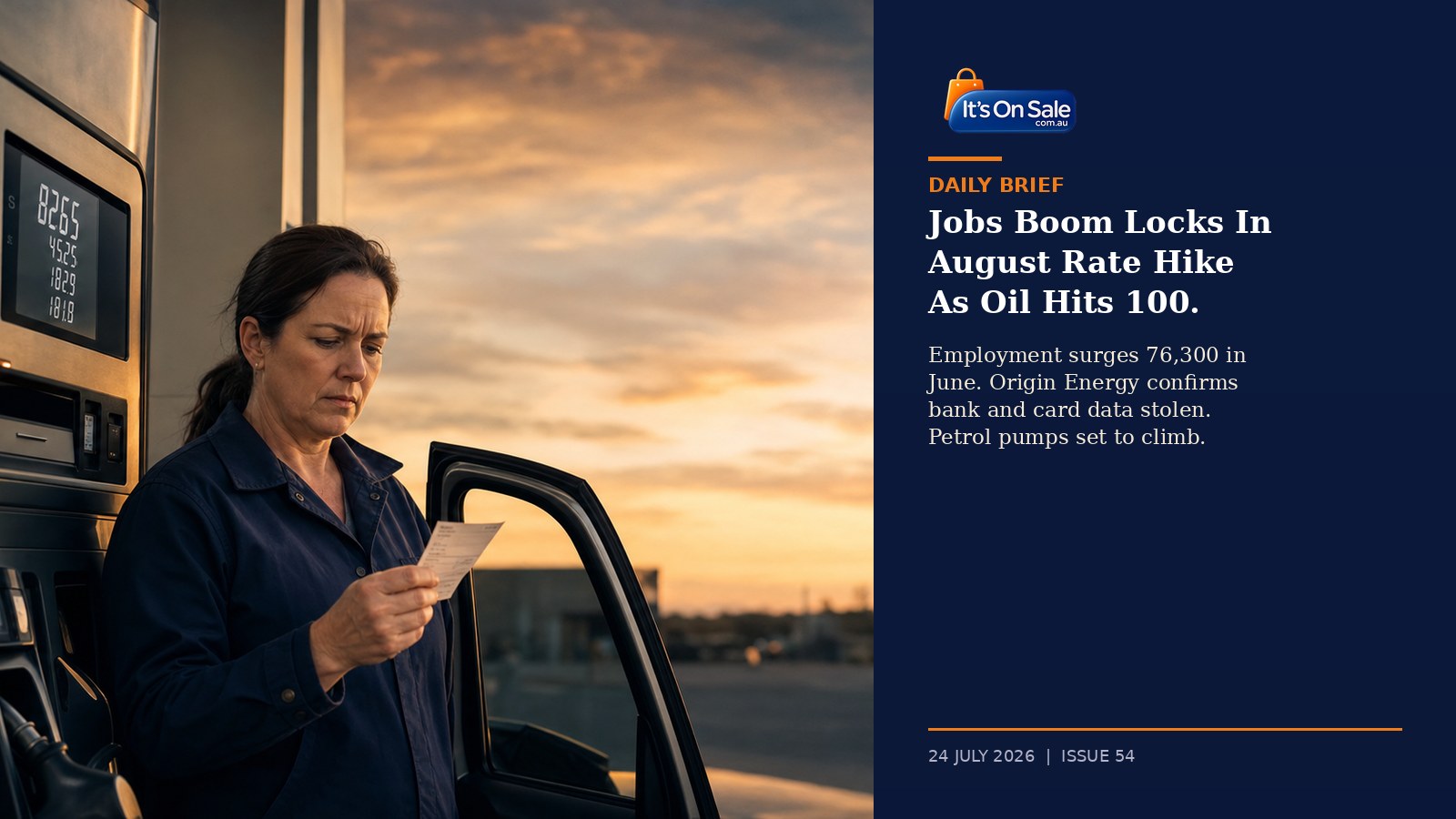 Editorial hero, a mid-40s Australian woman in a navy work jacket standing at a suburban petrol station in Brisbane at dawn reading a fuel receipt with a concerned expression while the digital pump display beside her shows a high total, illustrating how the June jobs surprise, brent oil above 100 US dollars and an imminent RBA rate hike are hitting Australian household budgets for Daily Brief Issue 54