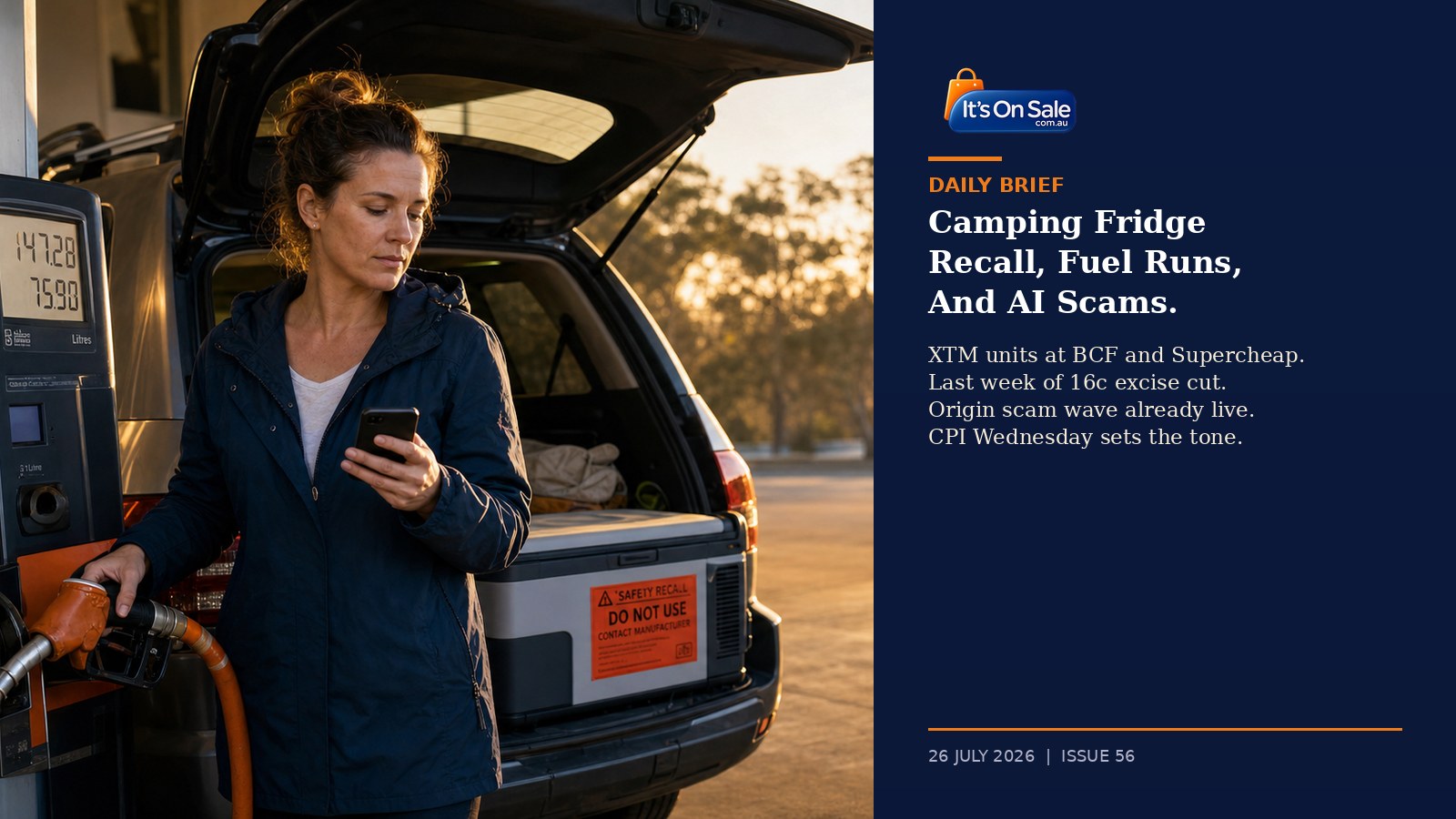 Editorial hero, an Australian mother at a suburban service station at Sunday sunrise refuelling a family SUV while looking at her phone, a portable camping fridge freezer in the boot marked with a bright orange SAFETY RECALL DO NOT USE sticker, illustrating the XTM camping fridge recall at BCF and Supercheap Auto, the last week of the 16 cent fuel excise cut before it fully unwinds on Sunday 2 August, and the Origin Energy breach fuelling an AI scam wave for Daily Brief Issue 56