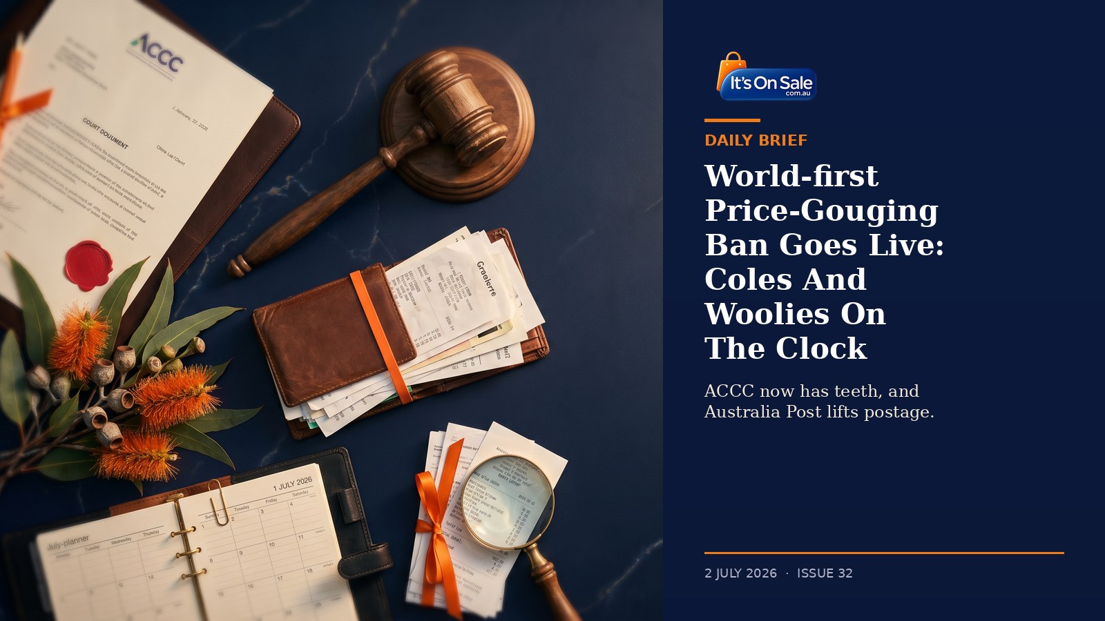 Editorial hero for It's On Sale Daily Brief Issue 32: gavel, ACCC court document, brown leather wallet with receipts, day planner marked 1 July 2026, bottlebrush and eucalyptus, magnifying glass on navy marble