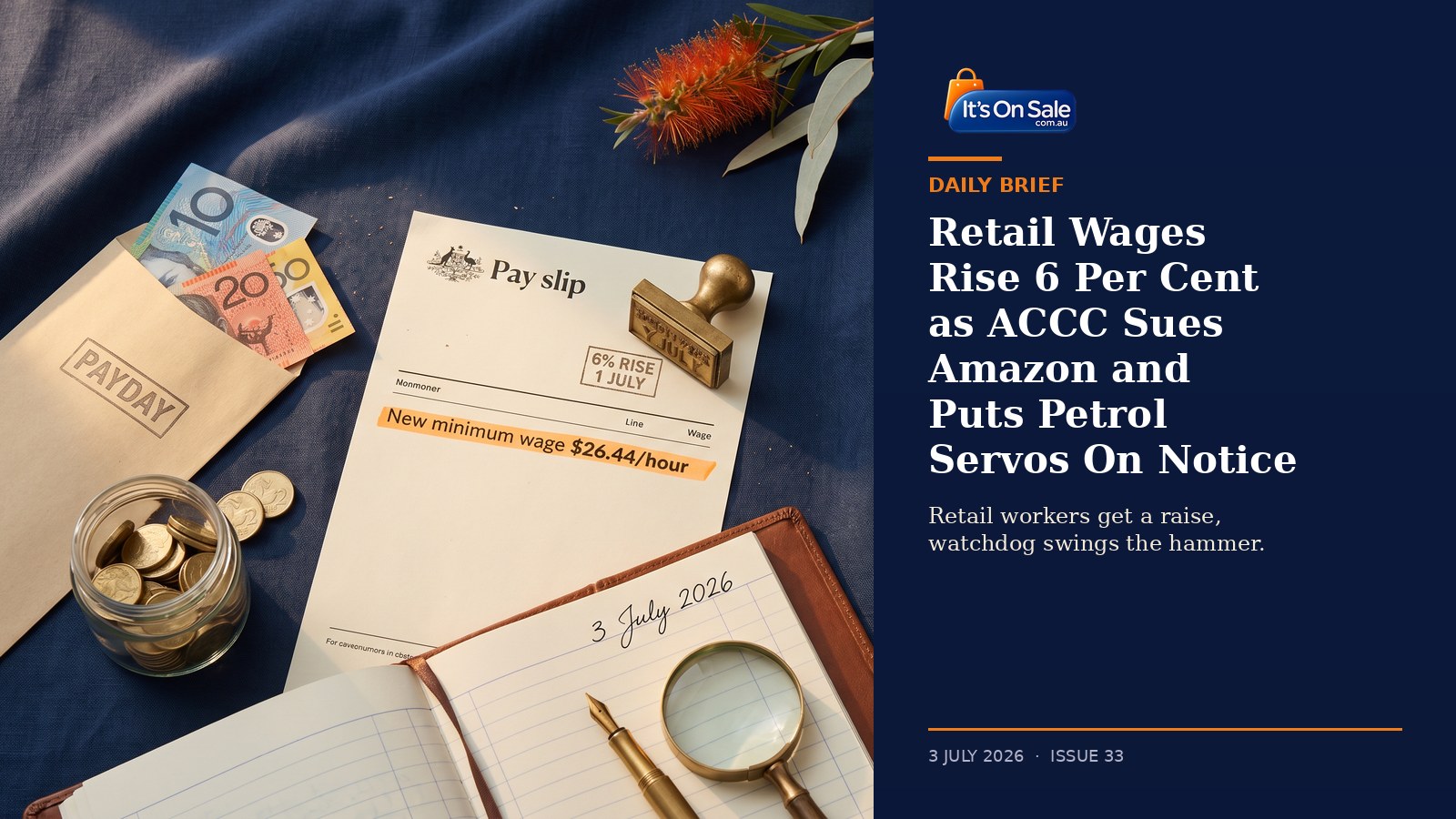 Editorial hero: Australian pay slip with 6 percent minimum wage rise, ACCC folder, Amazon Prime receipt corner, and bottlebrush garnish on navy linen.