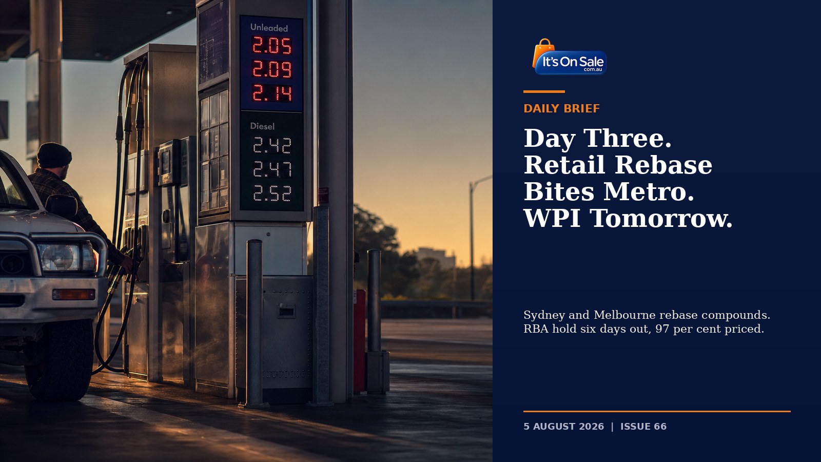 Wednesday morning service station forecourt with fuel bowsers showing rebased retail prices during day three of the fuel excise passthrough