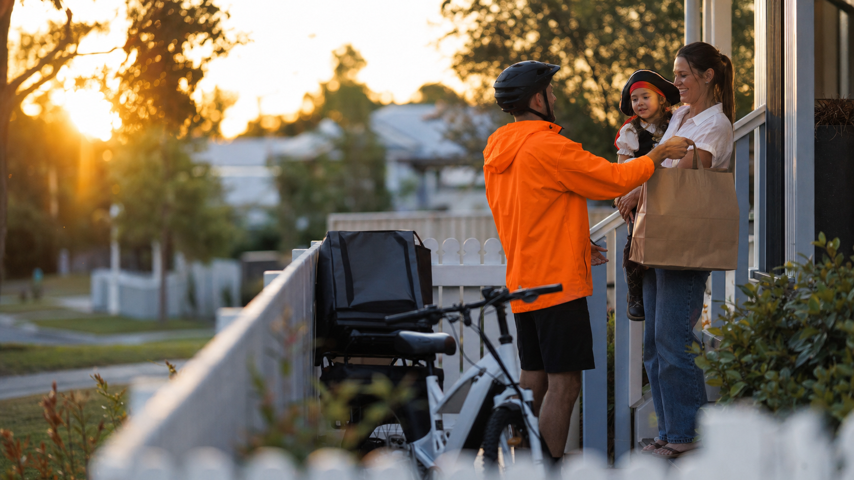 DoorDash courier hands a BIG W paper bag to a mother holding a young girl in a Book Week pirate costume on a suburban verandah at golden hour