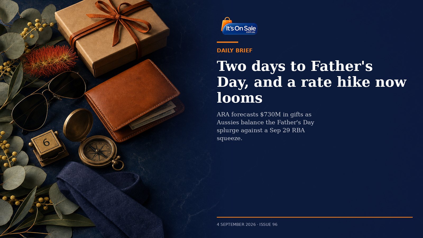 Fathers Day gift box wallet aviator sunglasses brass compass wattle eucalyptus on navy marble with Its On Sale Daily Brief Issue 96 headline